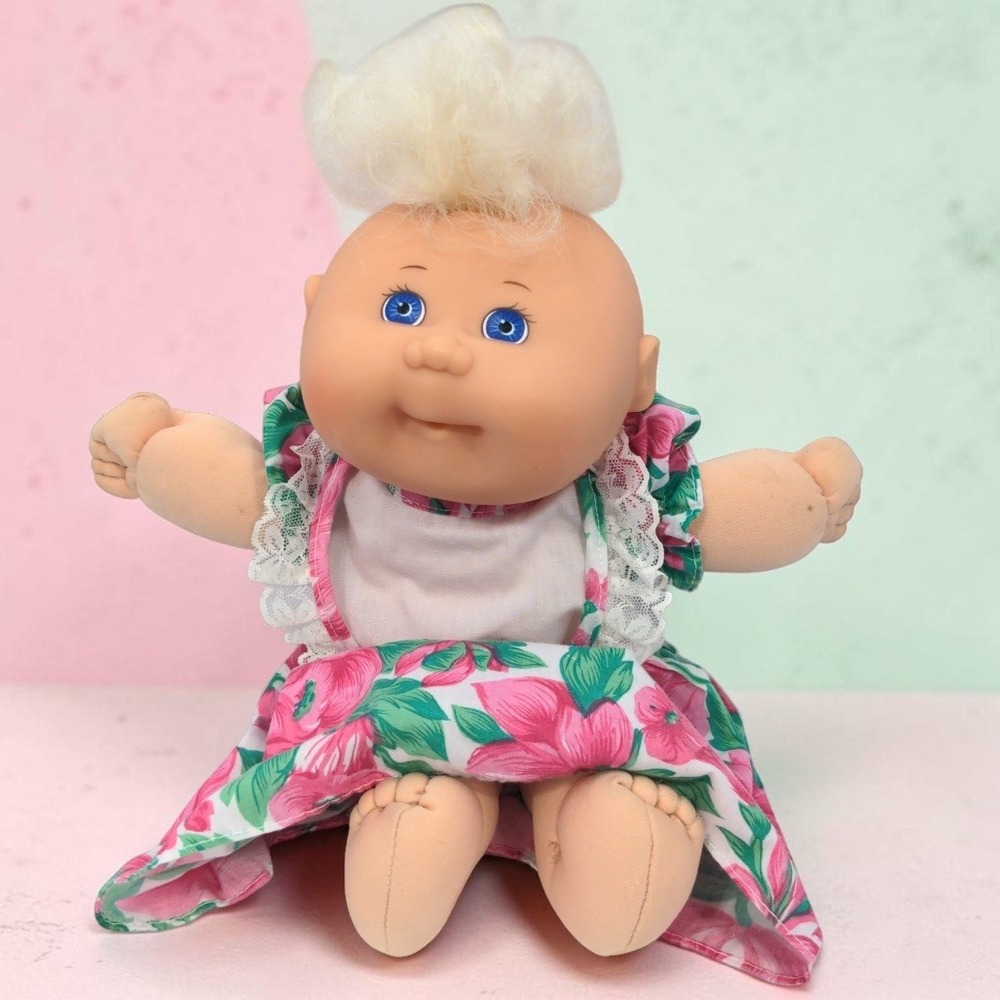 VTG 1995 Mattel Cabbage Patch Kids Doll 15" Blonde Tuft Blue Eye Dress CB 48 HTF